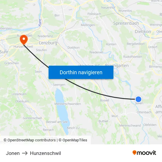Jonen to Hunzenschwil map