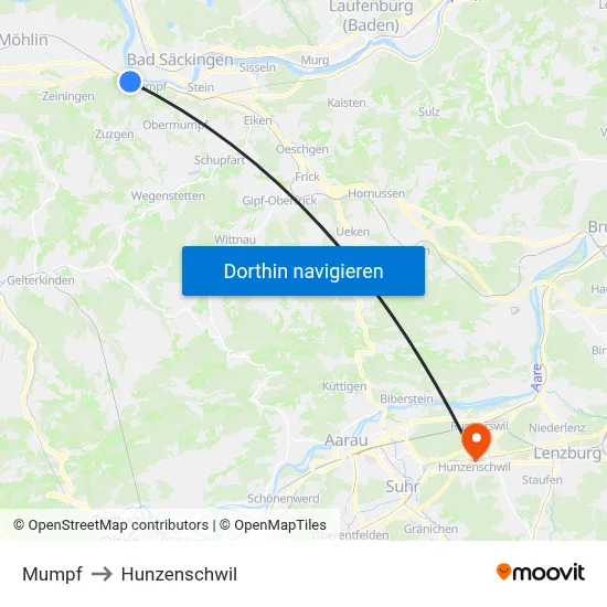 Mumpf to Hunzenschwil map