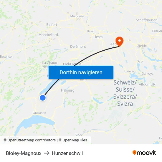 Bioley-Magnoux to Hunzenschwil map