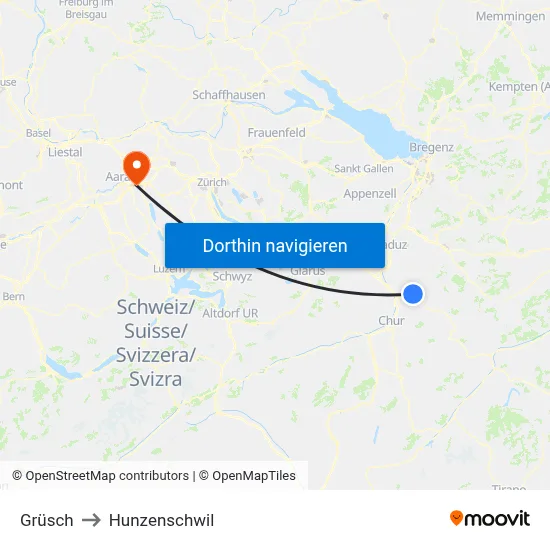 Grüsch to Hunzenschwil map
