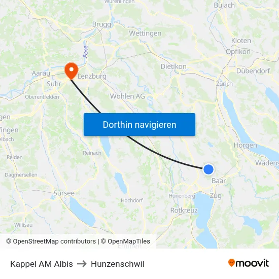 Kappel AM Albis to Hunzenschwil map