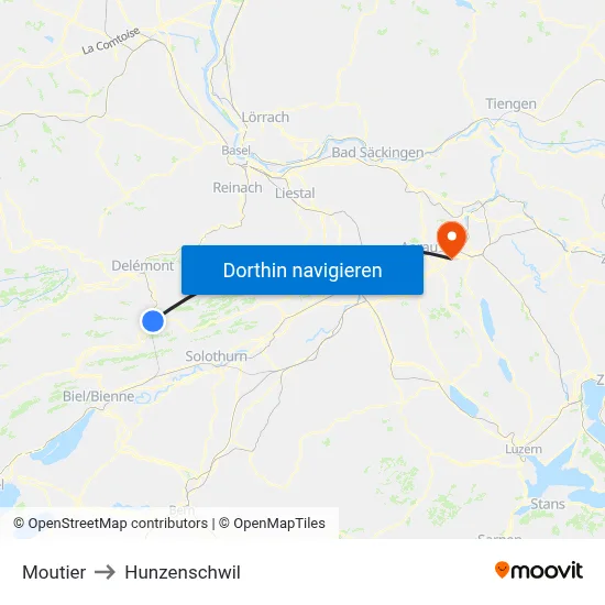 Moutier to Hunzenschwil map