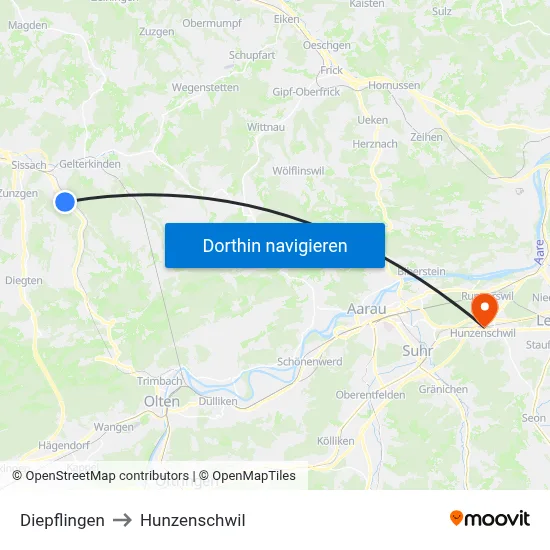 Diepflingen to Hunzenschwil map