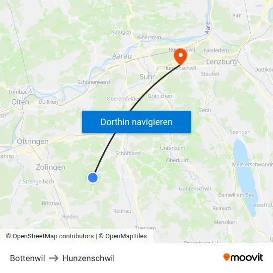Bottenwil to Hunzenschwil map
