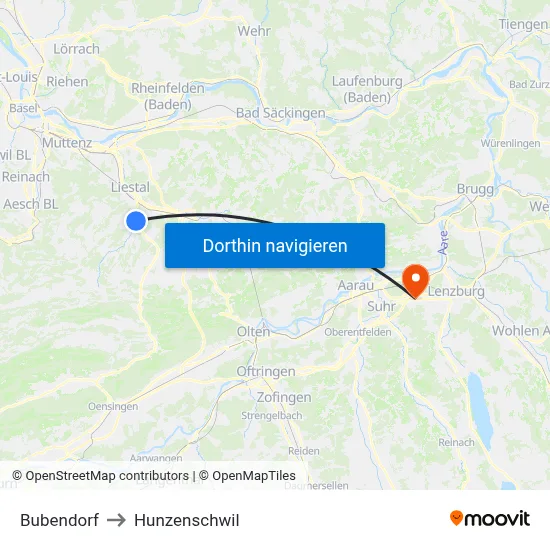Bubendorf to Hunzenschwil map