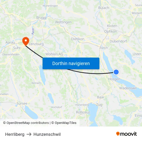 Herrliberg to Hunzenschwil map