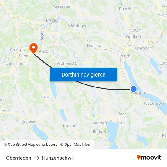 Oberrieden to Hunzenschwil map
