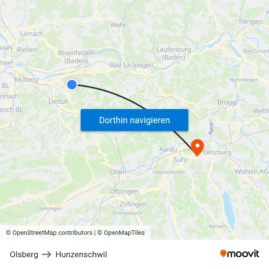 Olsberg to Hunzenschwil map