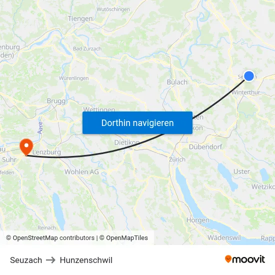 Seuzach to Hunzenschwil map
