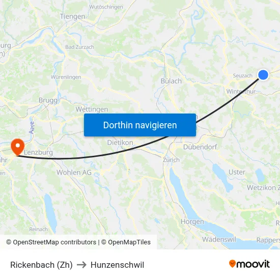 Rickenbach (Zh) to Hunzenschwil map