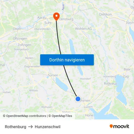 Rothenburg to Hunzenschwil map