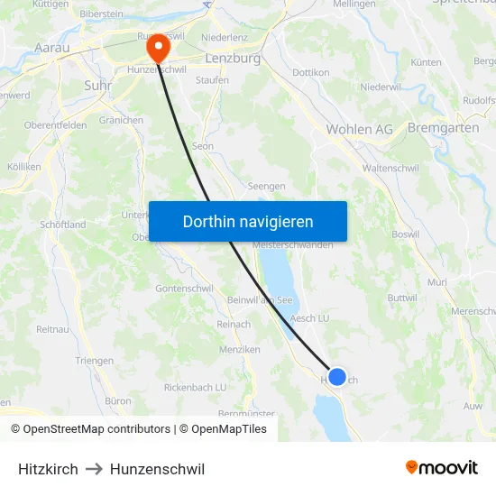 Hitzkirch to Hunzenschwil map
