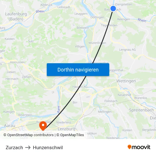 Zurzach to Hunzenschwil map