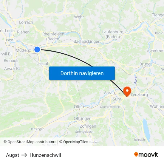 Augst to Hunzenschwil map