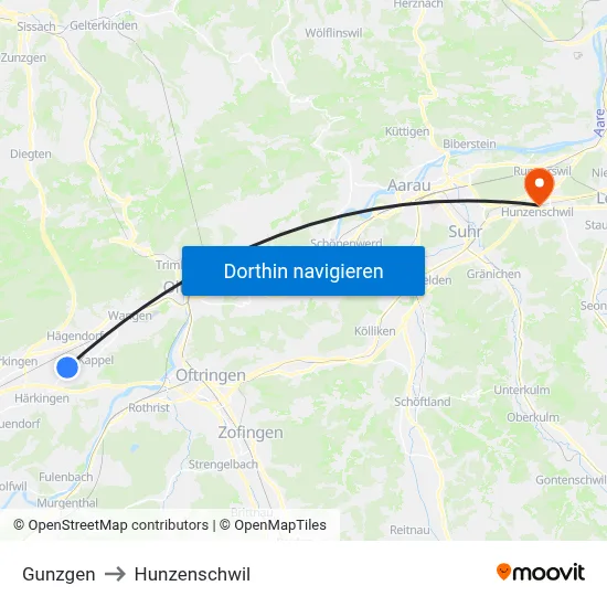 Gunzgen to Hunzenschwil map