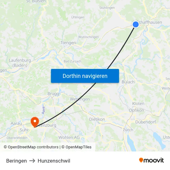 Beringen to Hunzenschwil map