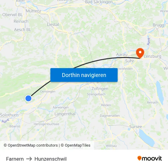 Farnern to Hunzenschwil map