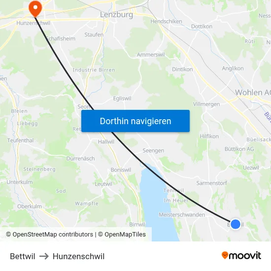 Bettwil to Hunzenschwil map