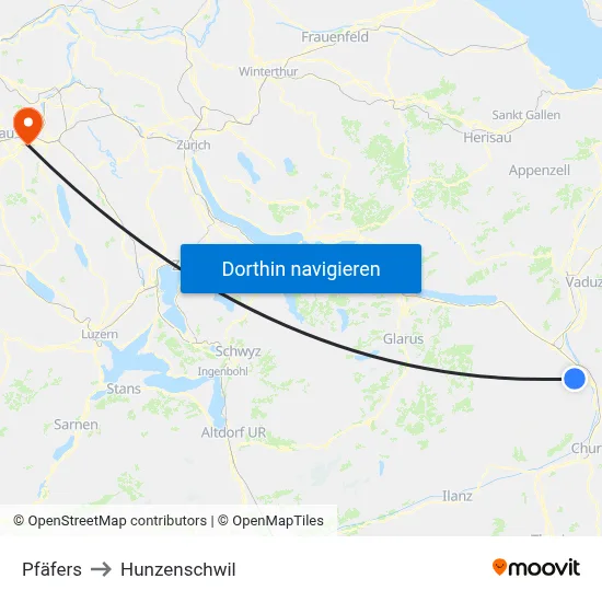 Pfäfers to Hunzenschwil map