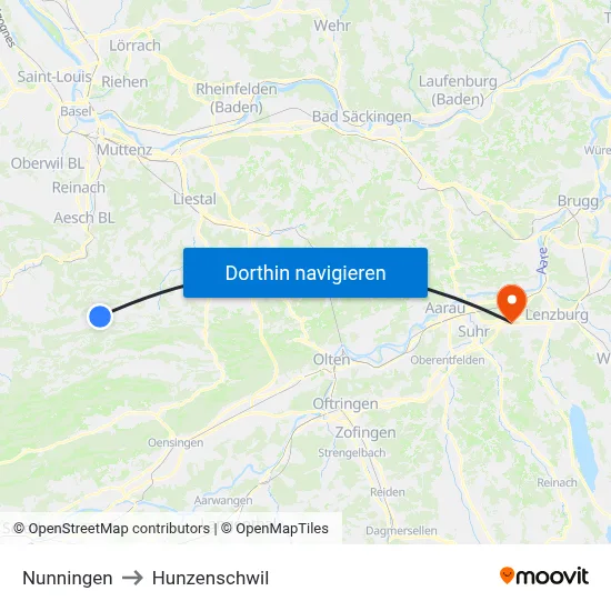 Nunningen to Hunzenschwil map