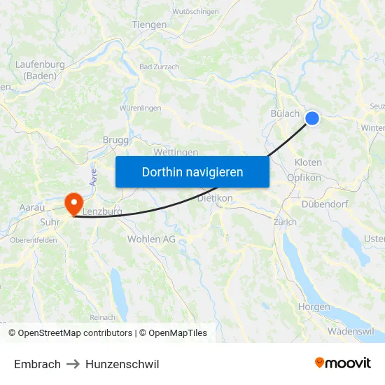 Embrach to Hunzenschwil map