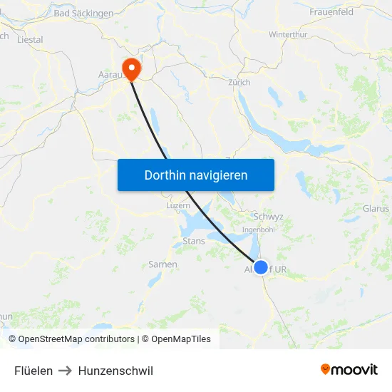 Flüelen to Hunzenschwil map