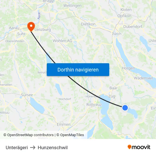 Unterägeri to Hunzenschwil map