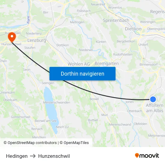 Hedingen to Hunzenschwil map