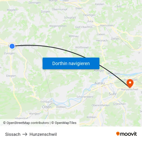 Sissach to Hunzenschwil map