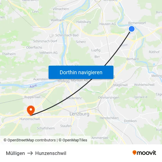 Mülligen to Hunzenschwil map