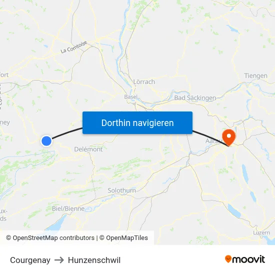 Courgenay to Hunzenschwil map