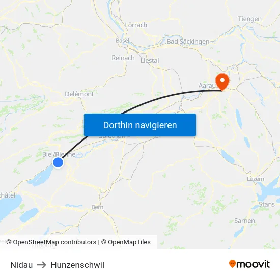 Nidau to Hunzenschwil map
