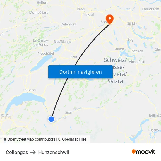 Collonges to Hunzenschwil map
