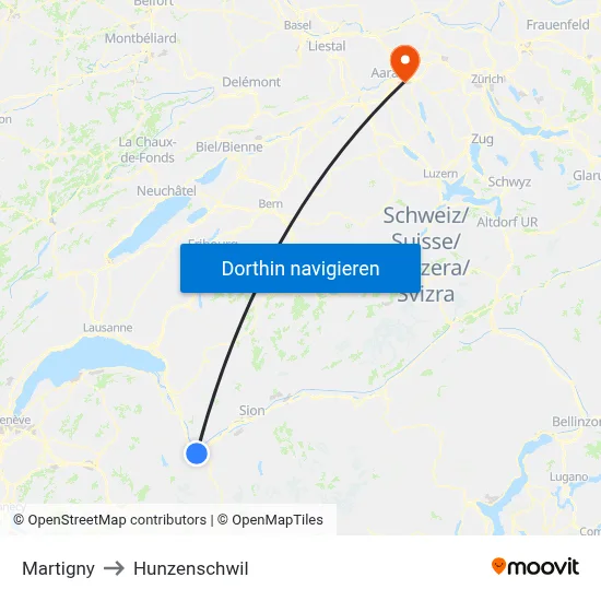 Martigny to Hunzenschwil map