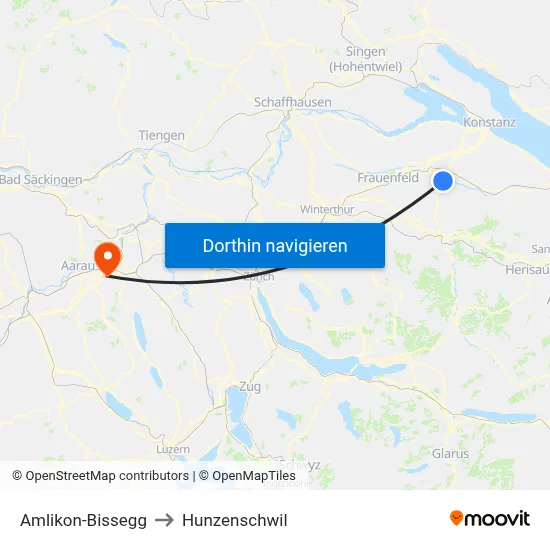Amlikon-Bissegg to Hunzenschwil map