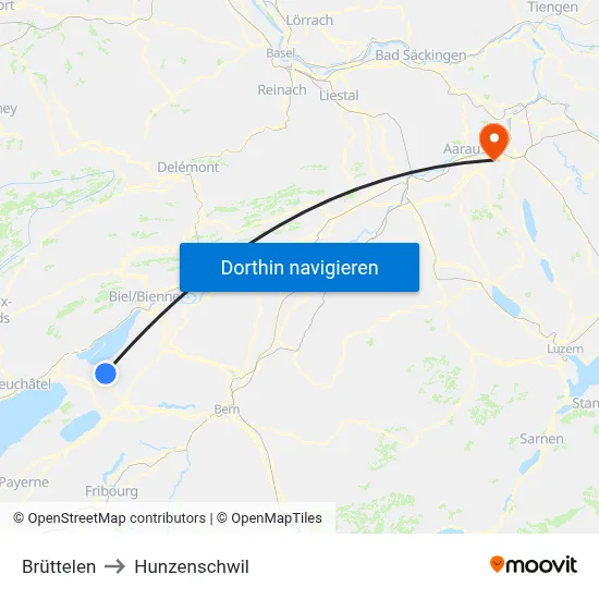 Brüttelen to Hunzenschwil map