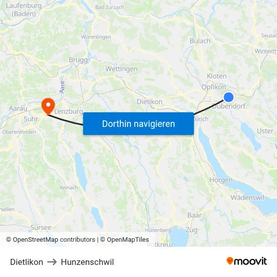 Dietlikon to Hunzenschwil map
