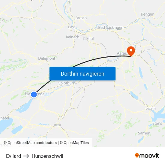 Evilard to Hunzenschwil map
