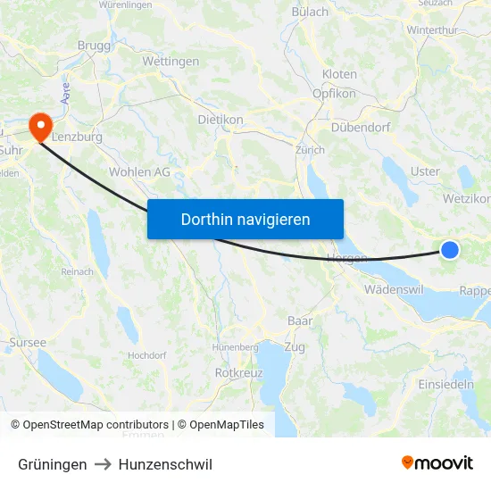 Grüningen to Hunzenschwil map