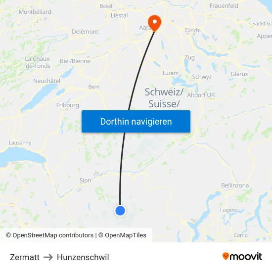 Zermatt to Hunzenschwil map