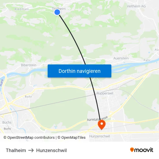 Thalheim to Hunzenschwil map