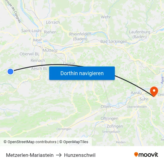 Metzerlen-Mariastein to Hunzenschwil map