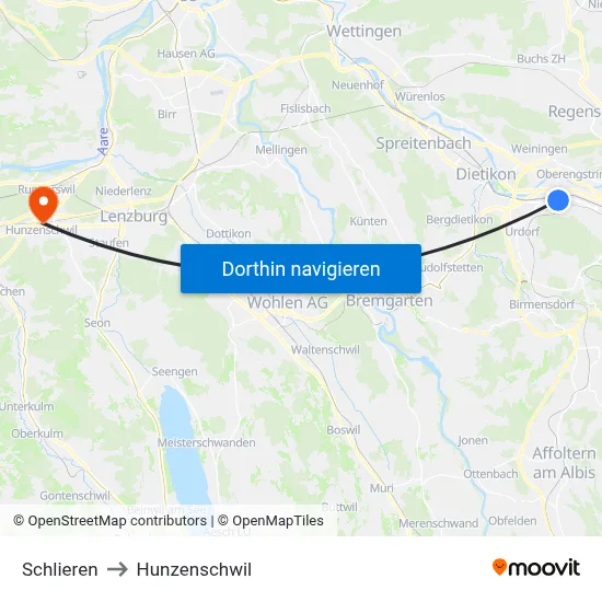 Schlieren to Hunzenschwil map