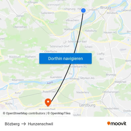 Bözberg to Hunzenschwil map