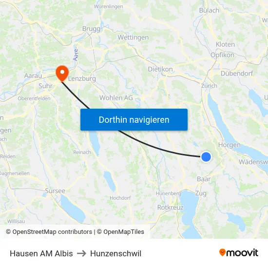 Hausen AM Albis to Hunzenschwil map