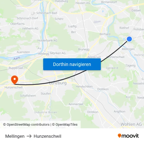 Mellingen to Hunzenschwil map