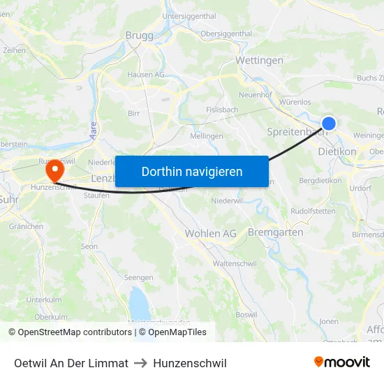 Oetwil An Der Limmat to Hunzenschwil map