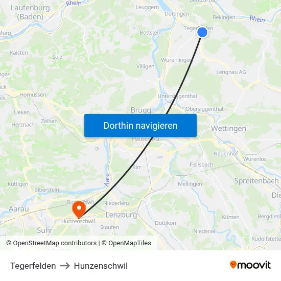 Tegerfelden to Hunzenschwil map