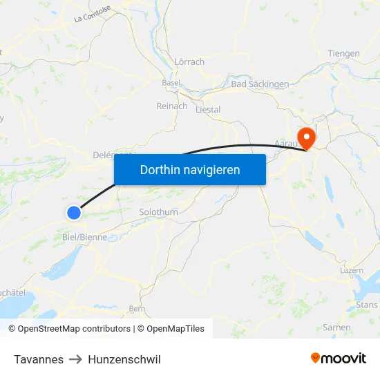 Tavannes to Hunzenschwil map