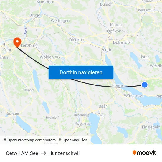Oetwil AM See to Hunzenschwil map